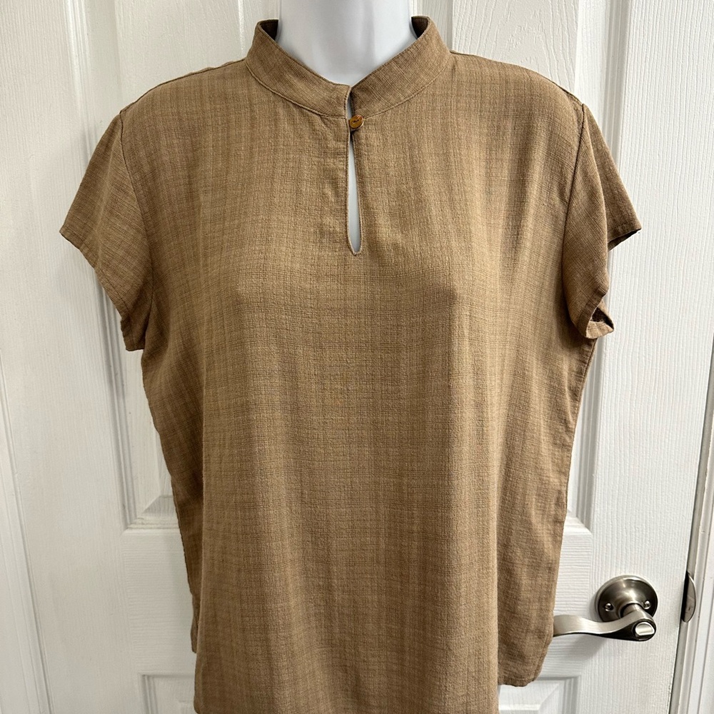 EILEEN FISHER TAUPE Short Sleeve Nehru Collar Linen/Viscose Blend Top Size Small